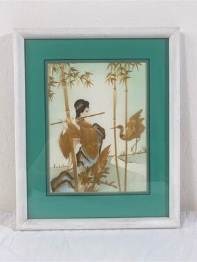 Asian-Inspired Mixed Media Wall Art with Teal Mat and Gold Accents